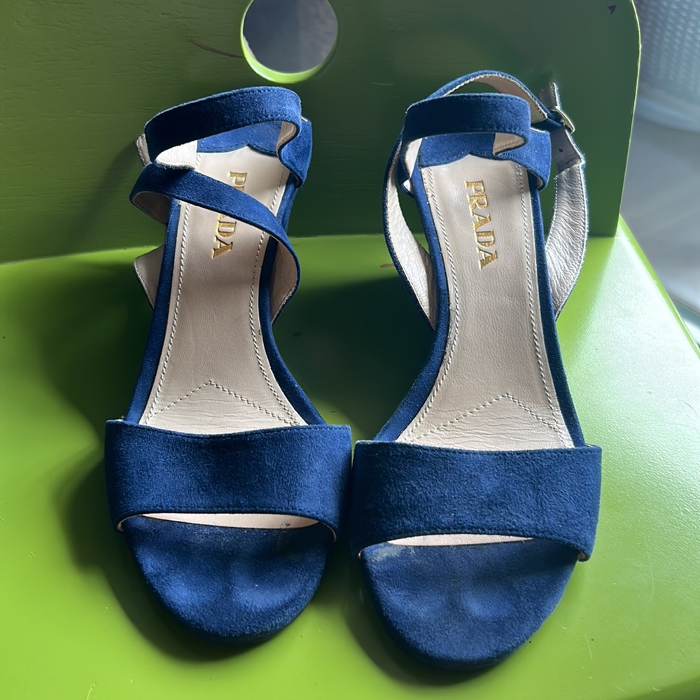 Prada blue suede wedge sandals with ankle straps. Size 37.5